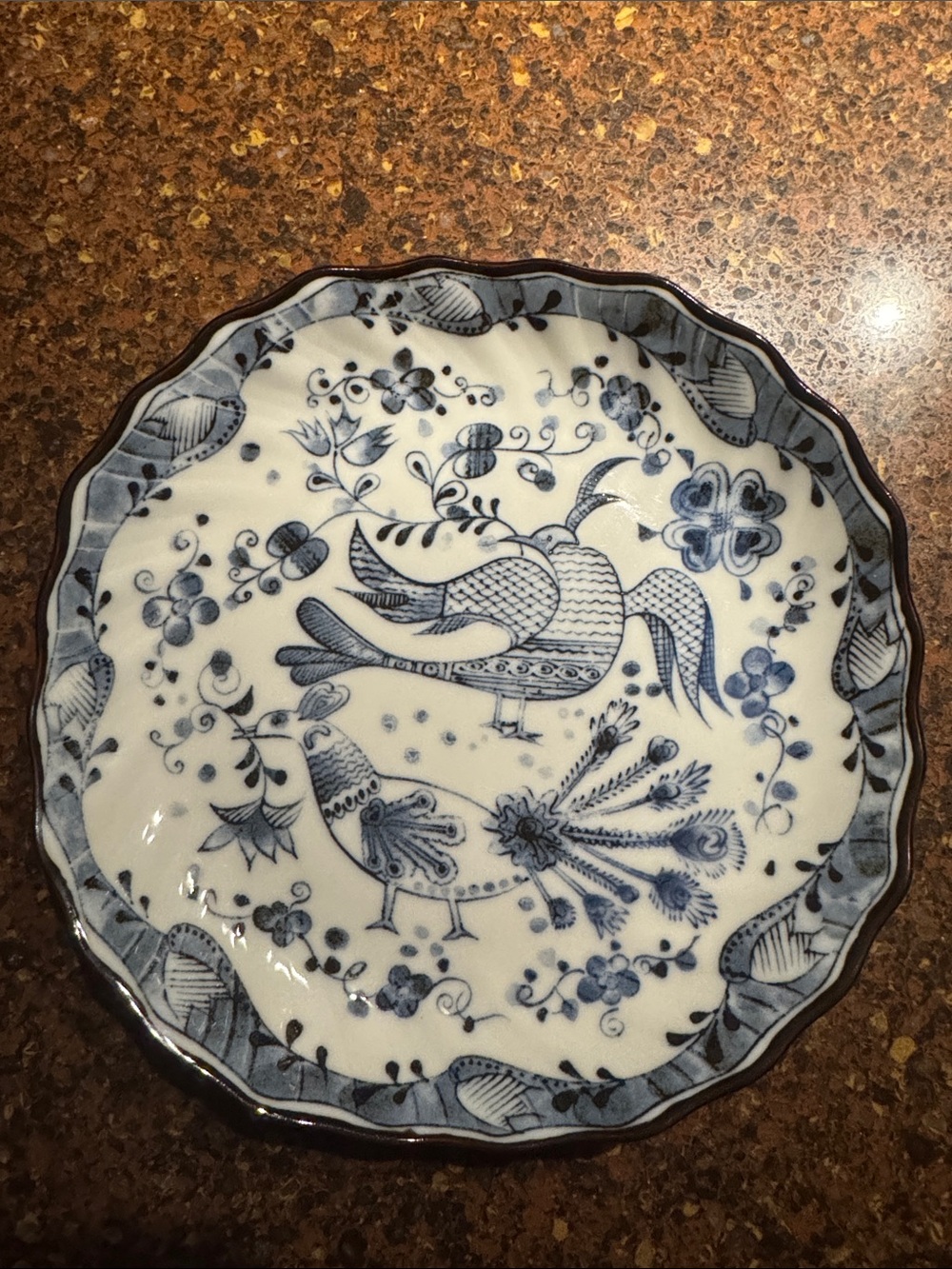 Vintage Blue and White Porcelain Decorative Plate with Bird Motif w/Akamine Mark